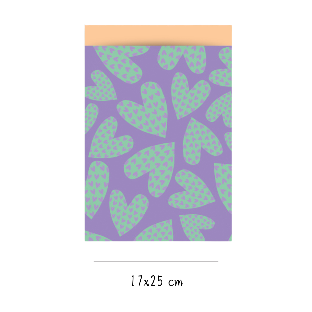 Cadeauzakje hartjes paars en groen 17x25 cm (5 stuks)