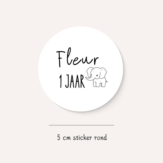 Traktatiesticker naam + leeftijd + olifant (10 stuks)