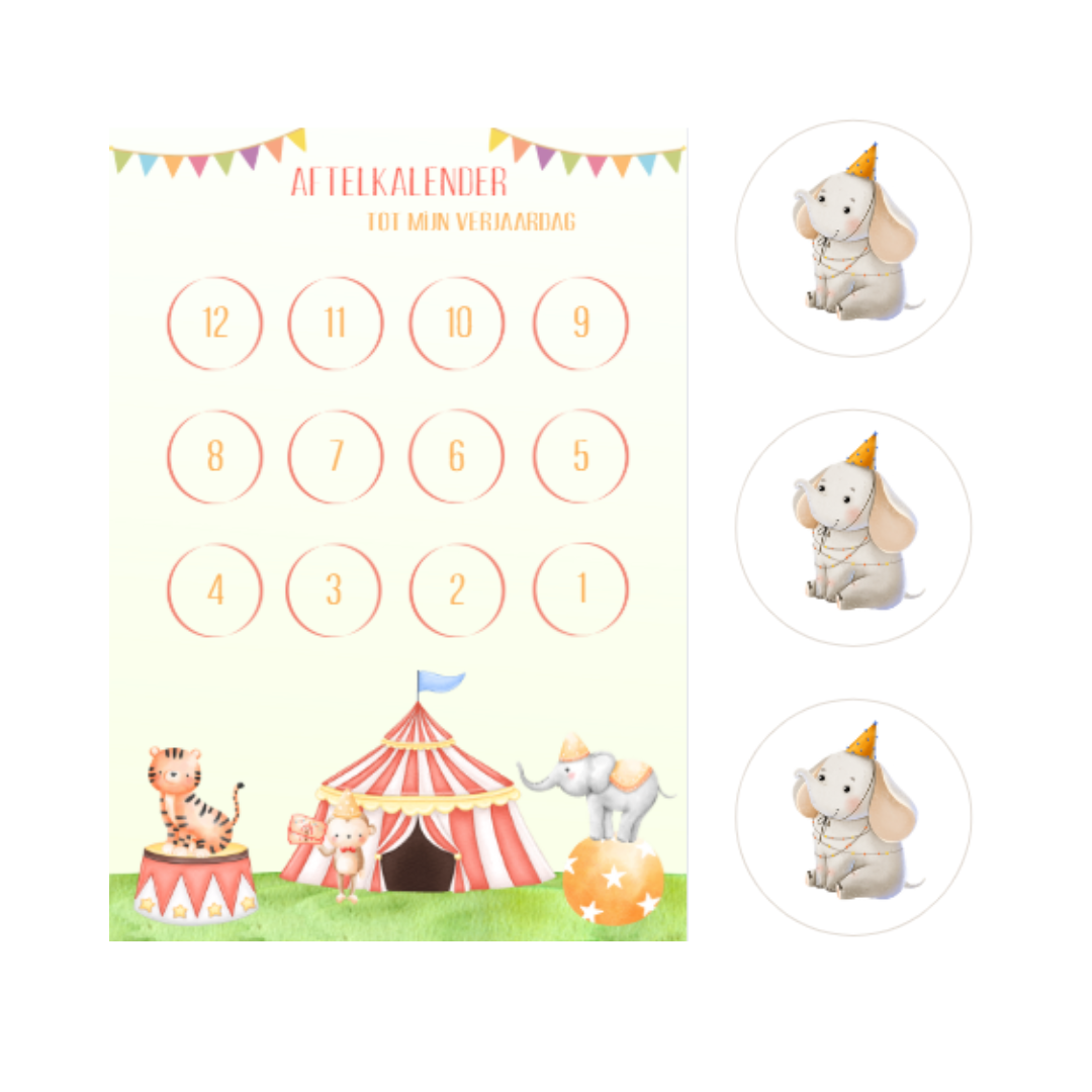 Aftelkalender verjaardag Circus incl. stickers