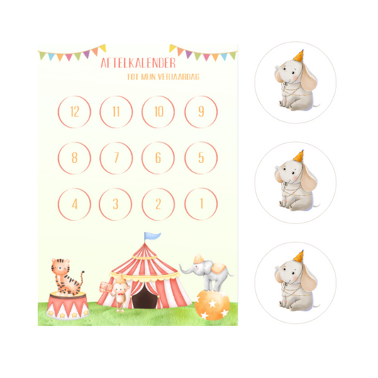 Aftelkalender verjaardag Circus incl. stickers